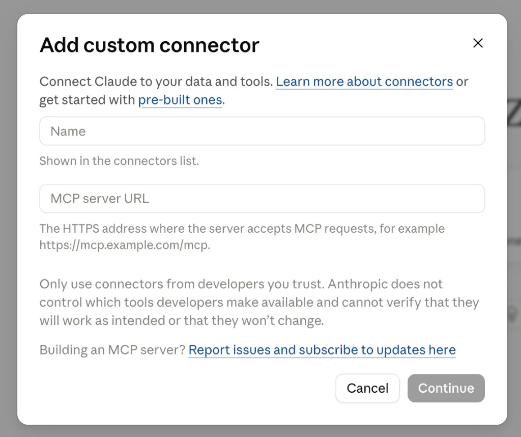 Claude's Add custom connector dialog, with fields for Name and MCP server URL